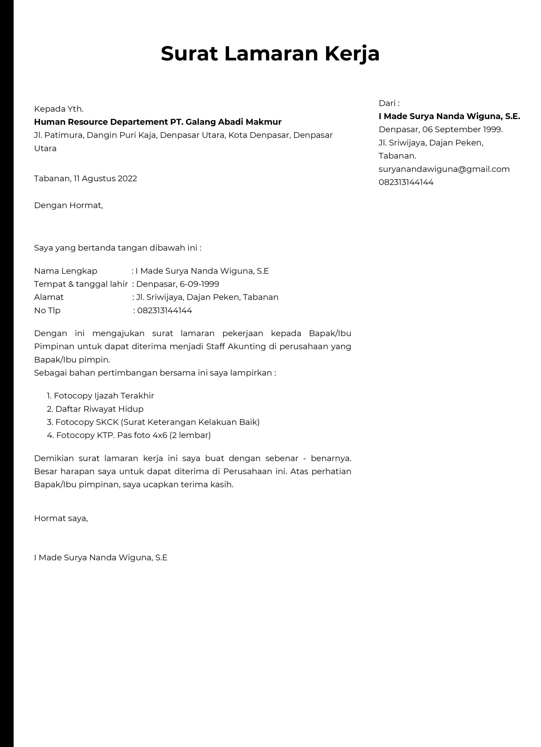 Contoh Surat Lamaran Kerja Untuk Fresh Graduate 